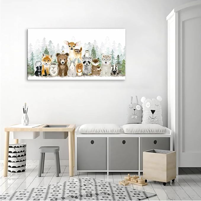 Woodland Animal Nursery Wall Art Watercolor Forest Baby Animal Nursery Wall Decor Printing Framed Fox Bear Deer Watercolor Poster Paintings Pictures for Boys Room Girls Room Home Decoration 12x24in