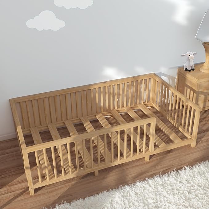 Montessori Floor Bed with Slats for Toddler 39.4'' x 75.2'' Twin | Pine Wood Natural Solid Frame Bed | Sturdy Design Floor Bed Frame for Boy and Girls (Twin, Height : 23.6 Inches)
