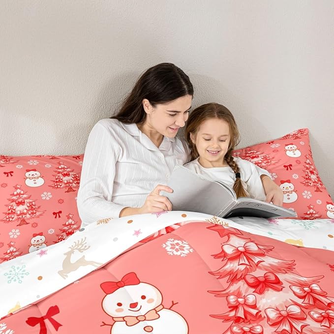 Feelyou Merry Christmas Kids Comforter Set King Size Cute Snowman Bedding Set Cartoon Bowknot Duvet Quilt for Kids Boys Girls Bedroom Christmas Tree Decor Microfiber Ultra Soft Breathable