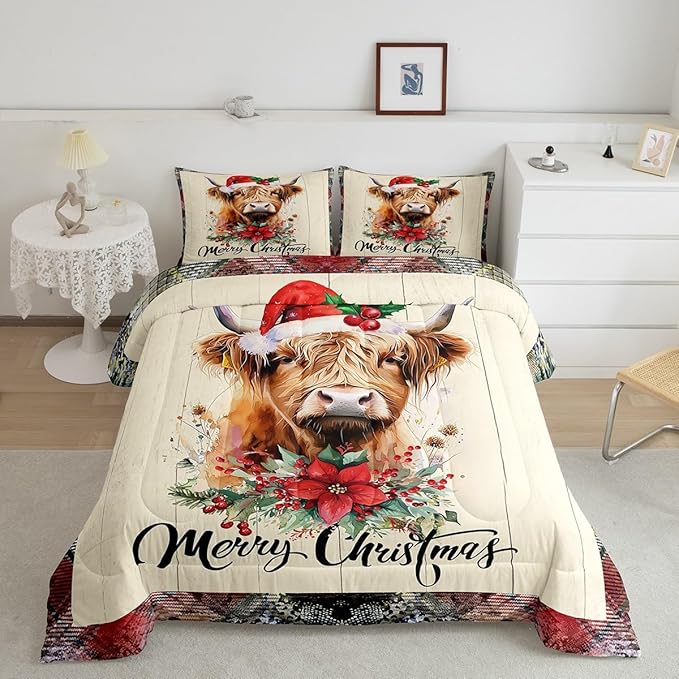 Castle Fairy Highland Cattle Comforter Set King Size,Merry Christmas Flowers Pine Trees Bedding Set All Season Quilt Set,Rustic Farmhouse Wooden Grid Plaid Microfiber Polyester Down Comforter