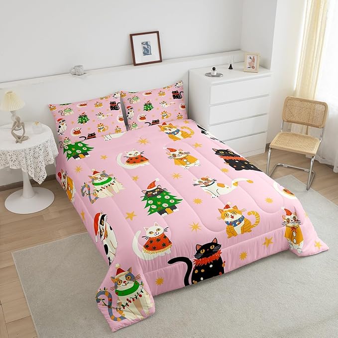 Erosebridal Christmas Decor Quilts Cute Cats Comforter Set Queen Size for Kids Boys Girls Bedroom Xmas Tree Bedding Set Cartoon Animal Down Comforter with 2 Pillow Cases
