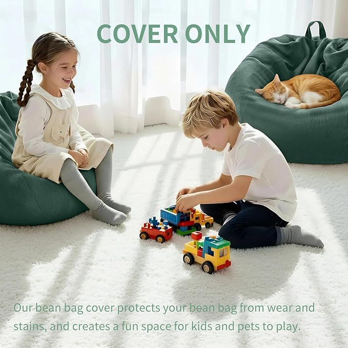 Nobildonna 3 ft Bean Bag Chair Cover (No Filler) 35"×43" Large Stuffed Animal Storage Bean Bag Washable Big Beanbag Chair Cover Premium Corduroy Stuffable Bean Bag Cover for Adults,Kids,Green 300L