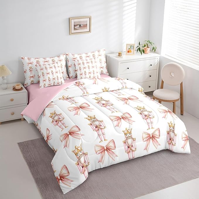 7 Pieces Cartoon Nutcracker Kids Comforter Set King,Pink Bowknot Romantic Princess Bedding Set,Ballet Merry Christmas Bow Tie Dreamy（Comforter+Fitted+Flat Sheet+2 Pillowcases+2 Throw Pillow Covers）