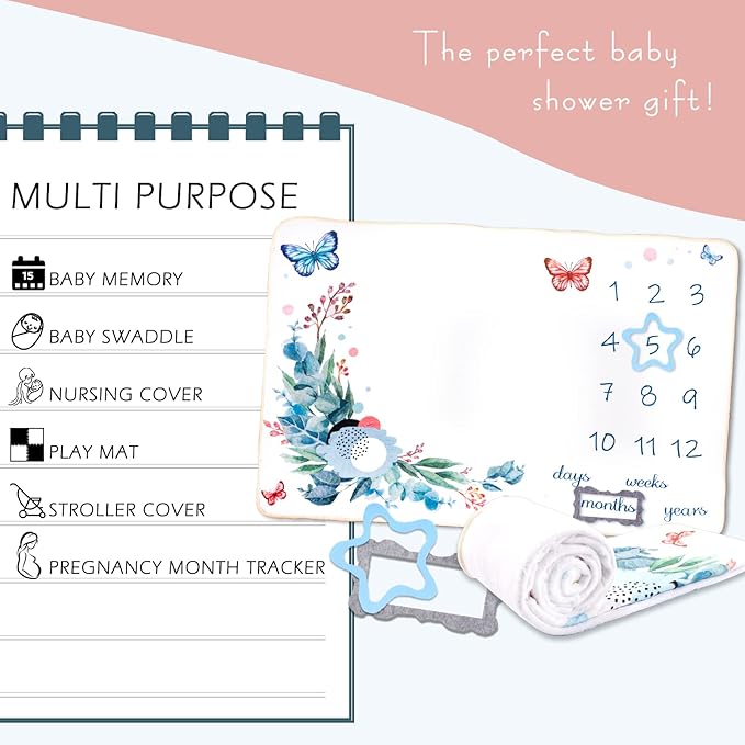 Baby Milestone Blanket| Original Design Baby Monthly Milestone Blanket Boy Girl| Newborn Baby Photography Props Blanket| 60'x40' Le Papillon et la Fleur