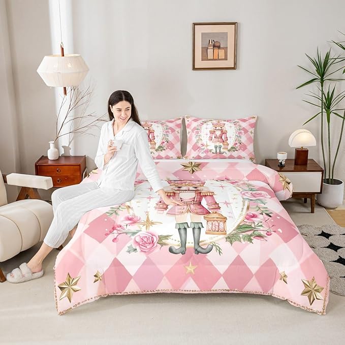 Feelyou Christmas Comforter Set Toddler Size Pink Nutcrackers Bedding Set for Kids Boys Girls Floral Duvet Quilt Funny Nutcracker Bedroom Decor Rose Microfiber 2 Pcs with 1 Pillow Cases