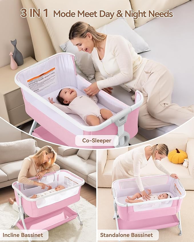 Larex Baby Bassinet, Baby Bassinet Bedside Sleeper with Storage Basket and Wheels, Height Adjustable Portable Crib for Newborn Infant, Easy Assemble and Folding(Pink)