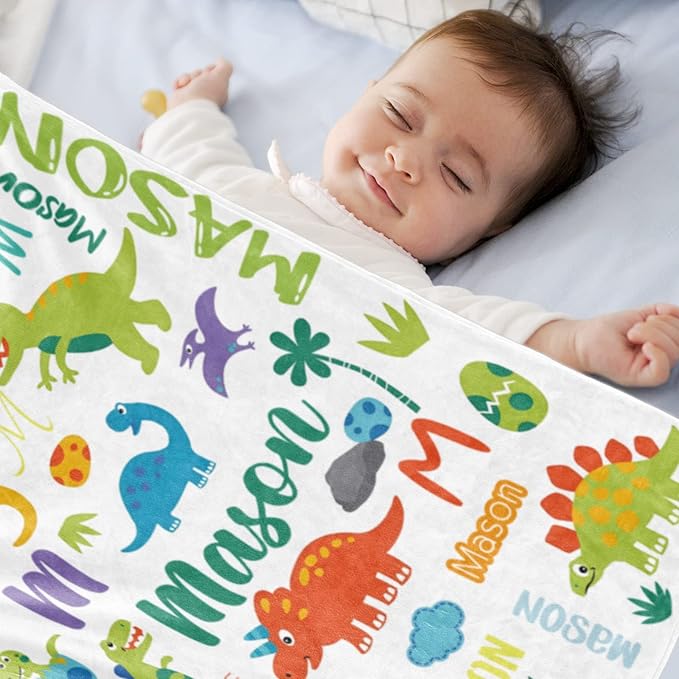 Personalized Dinosaur Blanket with Name for Boys, Custom Name Blanket for Teen Dino, Soft Flannel Dinosaur Blankets Customized Gift for Birthday 50"x60"