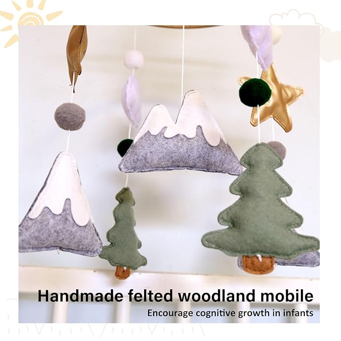 Woodland Baby Crib Mobile, Mountain Mobile for Crib for Boys & Girls, Neutral Nursery Mobile, Baby Shower Gift, with Moon, Trees, Stars & Clouds