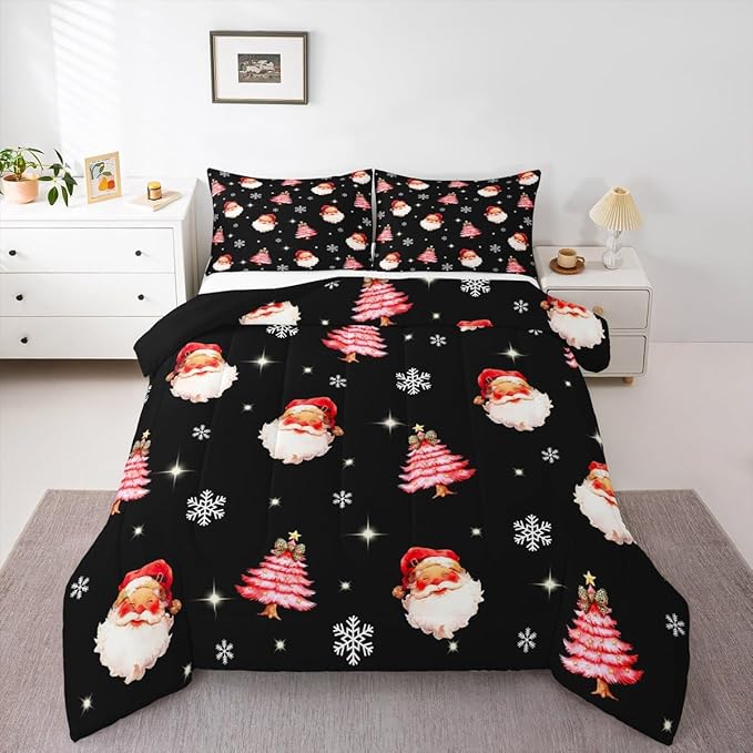 jejeloiu Kids Christmas Theme Comforter Set Toddler Xmas Tree Cute Santa Claus Bow Bedding Set for Boys Girls Teens Winter Snowflake Happy New Year Duvet Quilt Room Decor