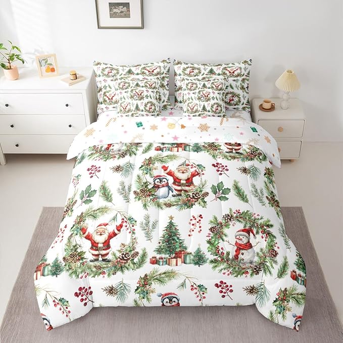Erosebridal Christmas Santa Claus Bed in A Bag 7 Pcs Cute Penguin Snowman Comforter Set for Women Men Xmas Berry Tree Bedding Sets King Berry Branches Holiday Wreath Sheet Set with Comforter