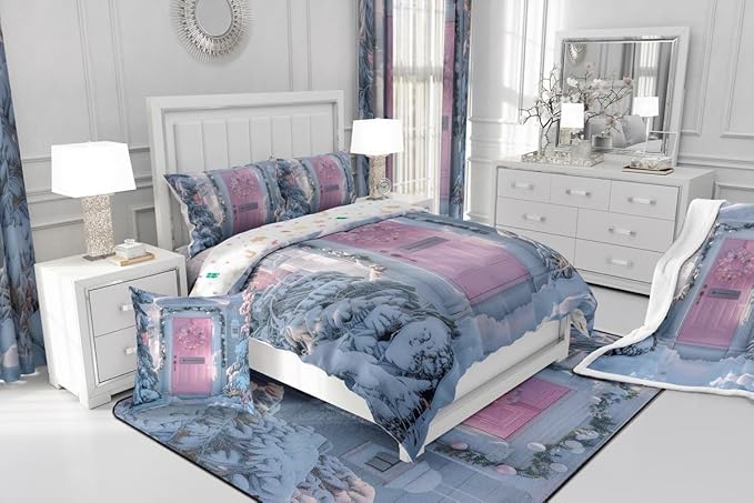 Feelyou Winter Snowscape Bedding Set Soft for Boys Girls, Merry Christmas Comforter Set King Size Pink Door Duvet Quilt Microfiber Garland Xmas Tree Bedroom Decor 3 Pcs with 2 Pillow Cases