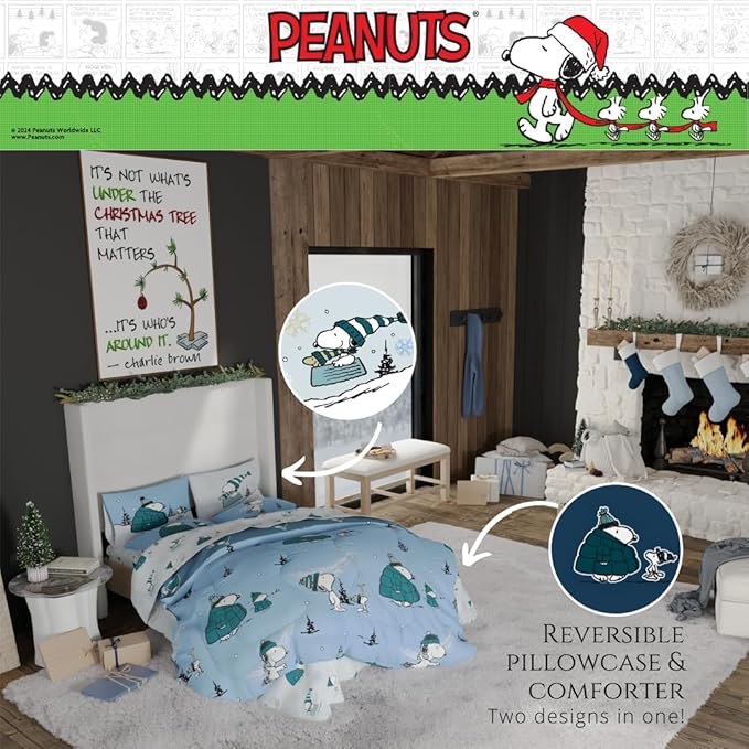 Collectibles Peanuts Snoopy Puffer Holiday & Christmas Bedding Super Soft Comforter and Sheet Set with Sham, 7 Piece Queen Size (Officially Licensed Product) by Franco