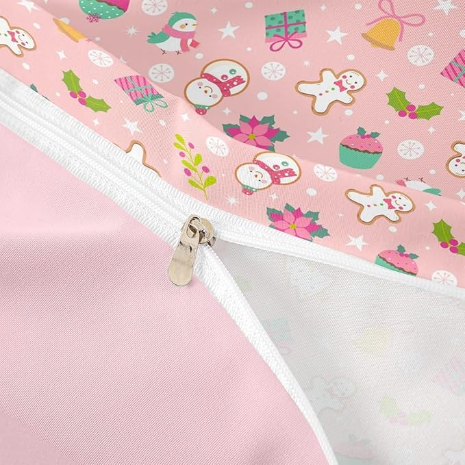 Christmas Kids Bedding Set Cartoon Christmas Tree Snowman Duvet Cover for Boys Children Teens Bedroom Decor Flower Birds Comforter Cover Set Pink New Year Bedspread Cover King Size with 2 Pillow Case