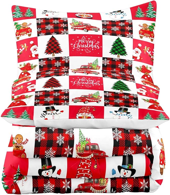 LUVIVIHOME 3PCS Merry Christmas Comforter Set King Size, Cartoon Cute Funny Santa Claus Snowman Gnome Truck White Red Black Plaid Bedding, Snowflake Xmas Tree Christmas Bedroom Decor, 2 Pillow Shams