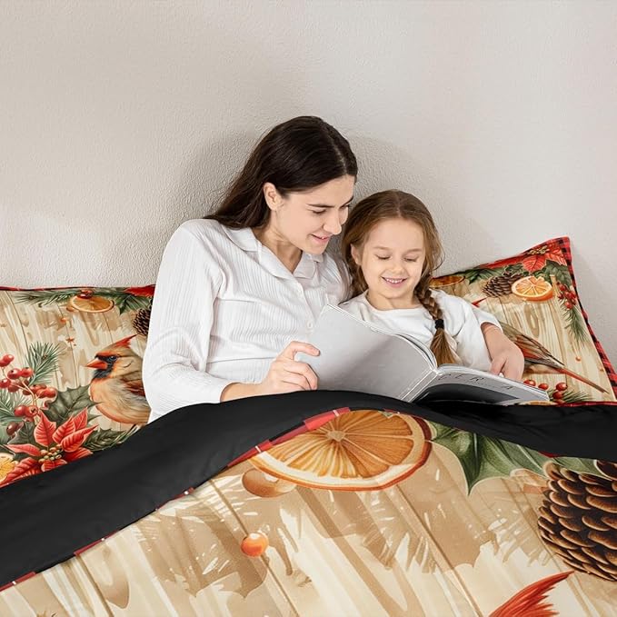 jejeloiu Kids Red Cardinal Comforter Set Toddler Christmas Red Black Plaid Flower Bedding Set for Boys Girls Teens Xmas Birds Animal Lemon Winter Wood Plank Duvet Quilt Room Decor