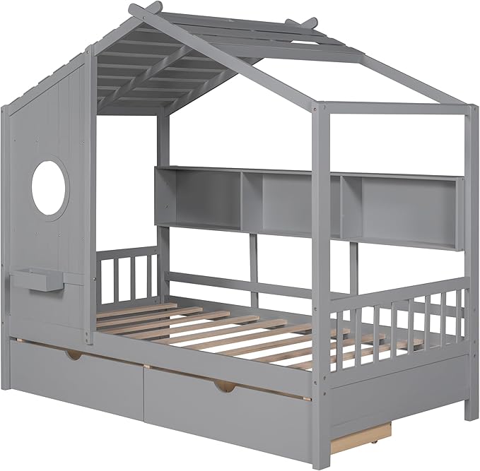 Harper & Bright Designs Twin Size Modern House Bed with Roof, Wooden Twin Size House Bed with 2 Drawers and Storage Shelf, Gray