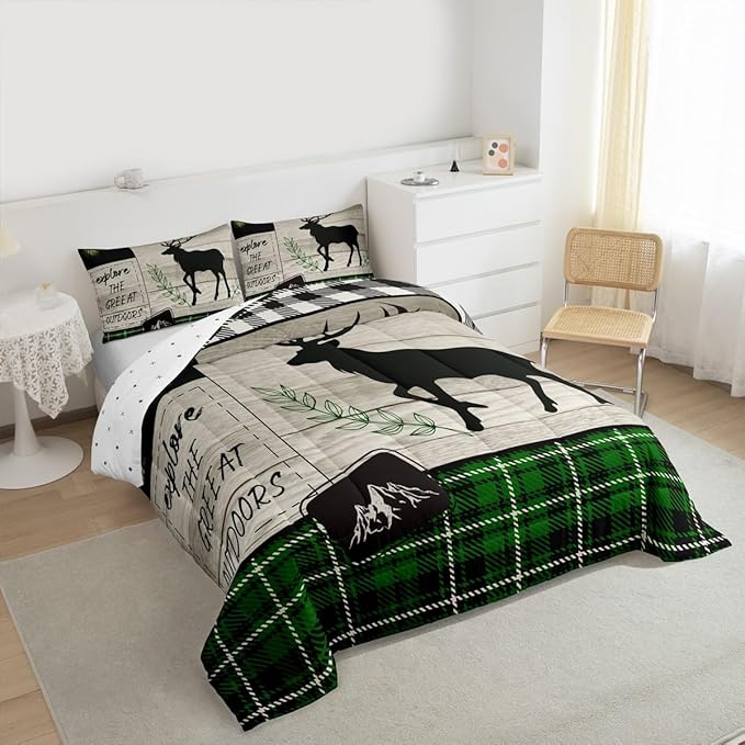Elk Silhouette Kids Comforter Set King Size,Palm Leaves Old Plank Bedding,Girls Boys Adults Bedroom/Xmas Cabin Decor,Camper Explore Down Comforter,Geometric Grids Plaid Duvet Insert,2 Pillowcases