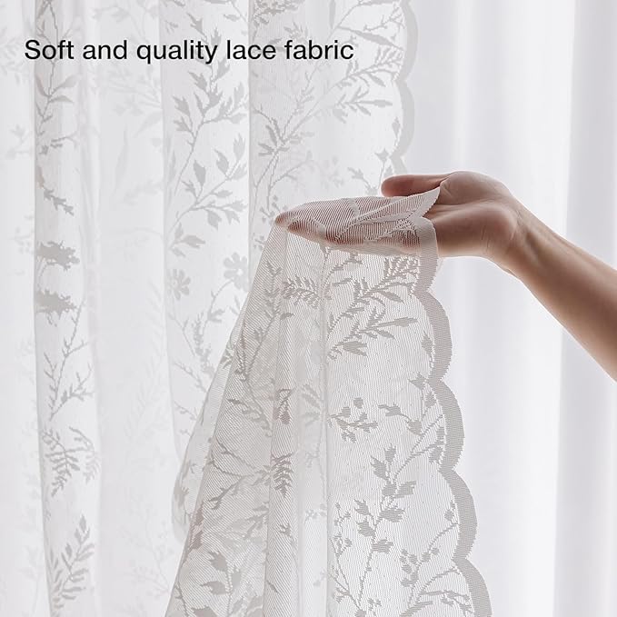 Anmao Vintage Lace Curtains 102 Inches Long 2 Panels Set, Romantic Elegant Light Filtering Semi Sheer Floral Thick Lacy Curtain Drapes for Living Room and Bedroom, Each Panel 55W x 102L, White Leaves