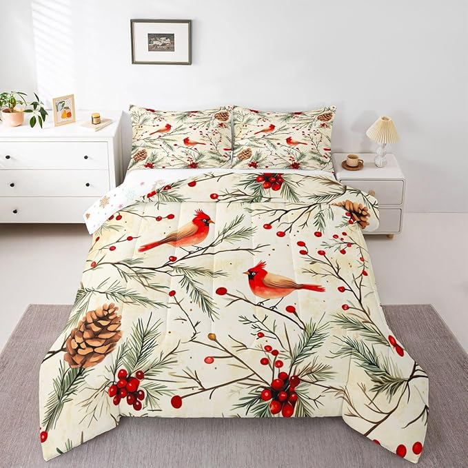Feelyou Cardinal Bird Kids Comforter Set Full Size Pine Branch Bedding Set Red Berry Duvet Quilt for Kids Boys Girls Bedroom Pine Cone Decor Winter Christmas Pattern Microfiber Ultra Soft Breathable