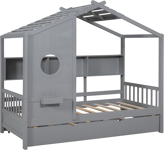 Twin Size House Bed with Trundle for Kids,Twin Kids Bed Frame with Storage Shelves,Wood House Bed Frame for Girls,Boys,Can be Decorated,Gray
