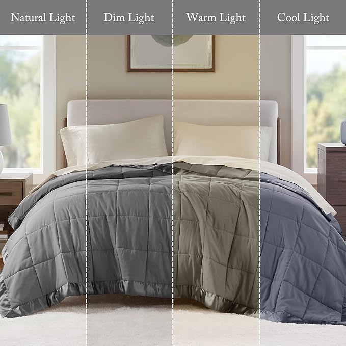 Madison Park Windom Down Alternative Blanket, Premium 3M Scotchgard Moisture Wicking Treatment, Lightweight and Soft Bed Cover For All Season, Satin Trim, Charcoal Full/Queen