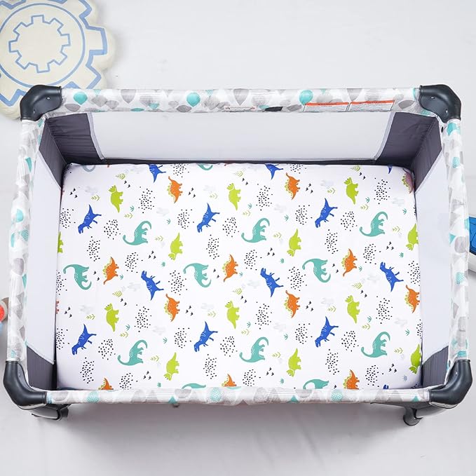 PHF 3 Pack Soft Mini Crib Sheets, Dinosaur Pack N Play Sheets for Baby Boys Girls, No Slip Universal Fit for Pack N Play, Playard, Portable and Mini Crib Mattresses,Navy Dinosaur