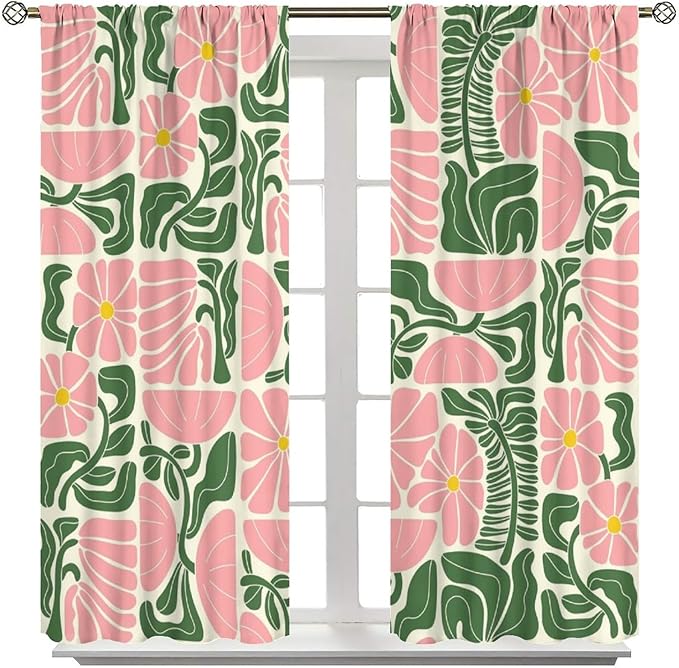 70s Flowers Curtains,Retro Geometric Boho Vintage Botanical Green Pink Flower Curtain for Bedroom Living Room Bathroom Window Curtains,70s Mid Century Flowers Window Treatments 42" W X 63" L