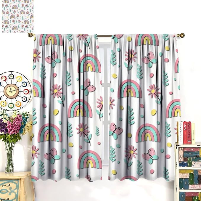 Kids Rainbow Curtains Boho Cartoon Colorful Stars Love Heart Lovely Abstract Art Pattern Print Window Drapes for Girl Bedroom Living Room Kitchen Decor,2 Panel Set,42Wx45H Inch Decor