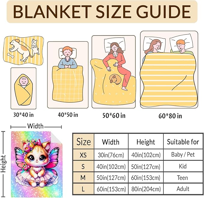 Girls Cat Blanket, Throw for Toddler Kids Daughter Cat Lovers 30x40 Inches Soft Cozy Rainbow Print Throw Blankets for Sofa Couch Bed Travel Cute Birthday Gift