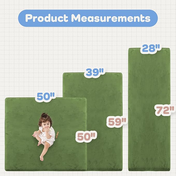 1.3" Thick Baby Floor Play Mat 50x50, Basic Padded Foam Mat for Tummy Time Crawling, Non Slip Cushioned for Babies Toddlers Infants Kids (Olive)