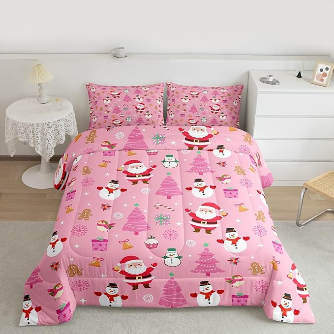 Feelyou Christmas Kids Comforter Set Queen Size Happy New Year Bedding Set Santa Claus Duvet Quilt for Kids Boys Girls Bedroom Merry Christmas Decor Microfiber Ultra Soft Breathable