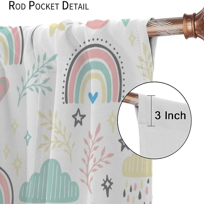 Boho Rainbow Curtains for Kids Nursery Colorful Floral Sun Star Clouds Pastel Bohemian Pattern Print Window Drapes for Girl Bedroom Living Room Kitchen Decor,2 Panel Set,72Wx63H Inch Blackout