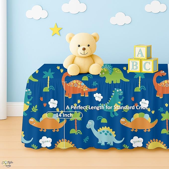 Cottington Lane Crib Skirt Dust Ruffle, 100% Natural Cotton, Soft, Durable Nursery Crib Toddler Bedding Skirt for Baby Girls or Boys, Fits Standard Cribs 28" x 52" with 14" Drop, Blue Dinosaur