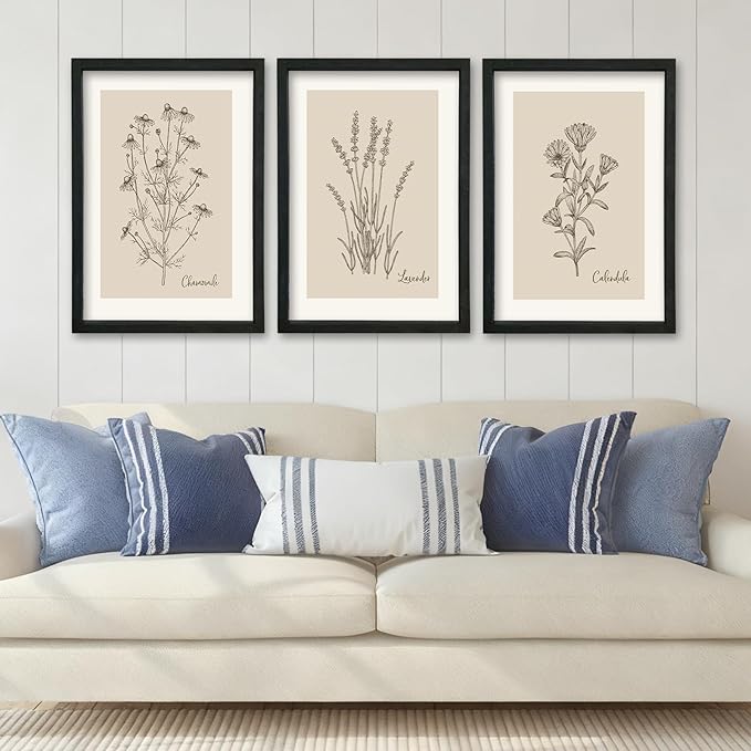 YWJKWLGS Vintage Botanical Wall Art 11x16 Inch Set Of 3 Wooded Framed Minimalist Rustic Wildflower Pictures Floral Sign Bedroom Wall Hanging Decor (Black)