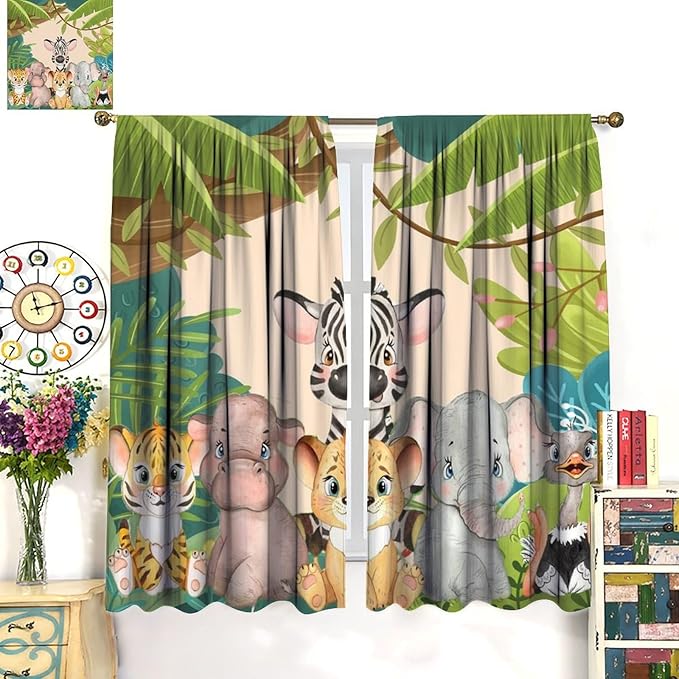 Animals Curtains Colorful Forest Cartoon Cute Zebra Tiger Elephant for Kids Boys Girls Nursery Bedroom Living Room Blackout Rod Pocket Decoration Window Drapes 2 Panels W21xL63in