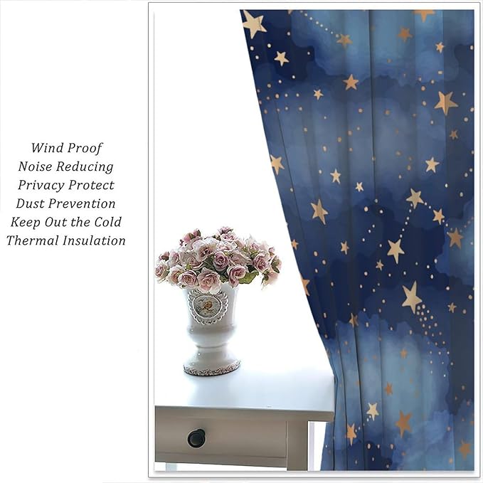 Starry Sky Blackout Curtains, Starry Scenery Blue Night Sky Stars Window Drapes for Kids Boys Girls Bedroom Living Room 42" W X 54" L