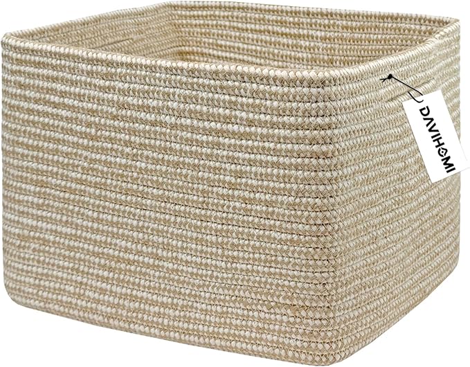 Square Woven Cotton Rope Basket for Organizing, Gift Baskets for Handles, Empty Gift Baskets, Toy Basket for bins|13.5" x 11" x 9.5" home decor for Living Room, Bathroom（Flax and White）