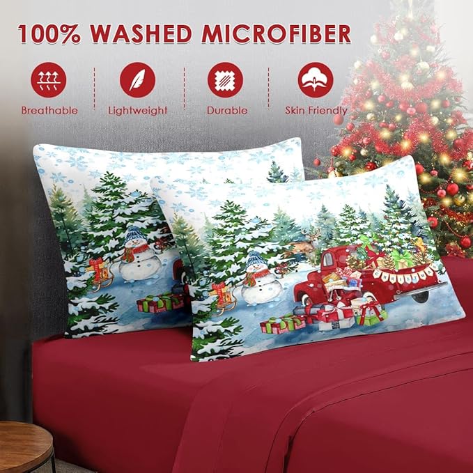 5 Pcs Twin Size Christmas Comforter Set with Pillowcase & Sham, Red Vintage Truck Snowman Bedding for Kids and Adults, Winter Snow Forest Elk Bed in a Bag with Flat Fitted Sheet