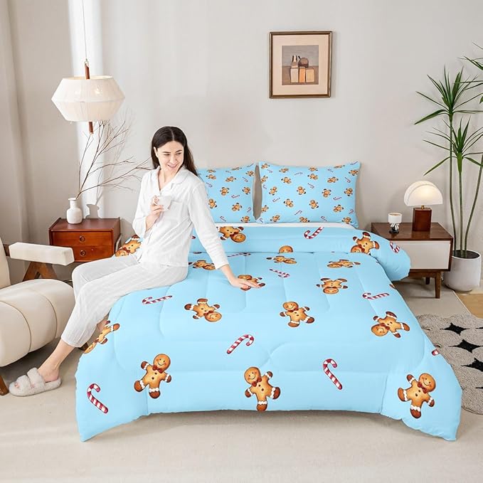 jejeloiu Kids Cute Gingerbread Man Comforter Set King Size Christmas Theme Bedding Set for Boys Girls Teens Xmas Candy Cane Happy New Year Duvet Quilt Room Decor
