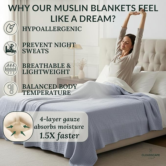 Cloud Scape Linen 4 Layer Oversized Muslin Blanket King Size - 100% Cotton, Lightweight & Breathable All Season Blanket for Bed, fits California King, 92x108, Lavender Blue