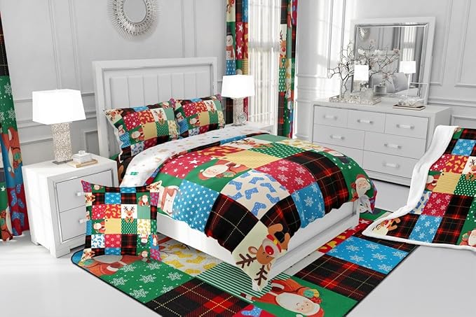 Feelyou Patchwork Christmas Bedding Set Soft for Boys Girls, Santa Claus Reindeer Comforter Set Twin Size Snowman Duvet Quilt Microfiber Snowflake Bedroom Decor 2 Pcs with 1 Pillow Cases