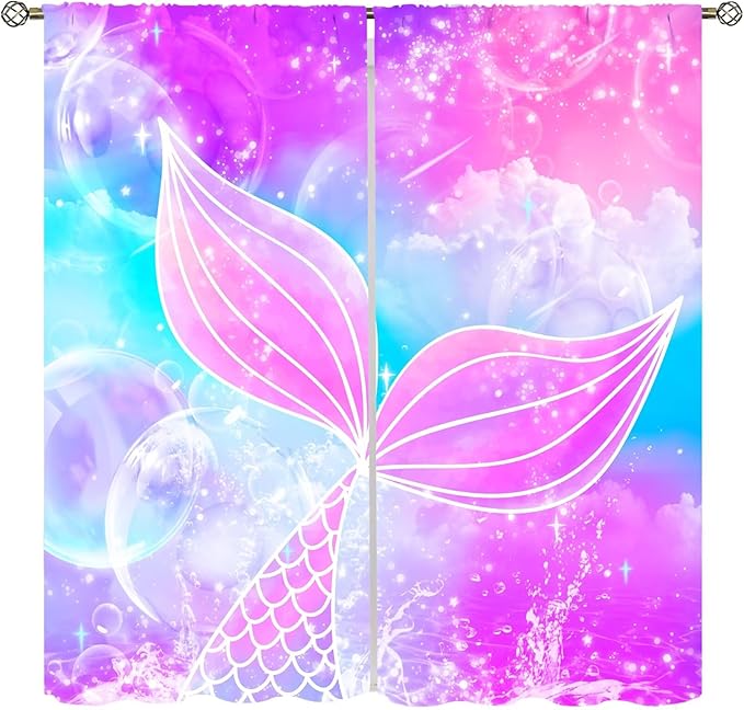 Suitable for Girls Mermaid Curtains, Rainbow Pink Purple Mermaid Tail Fish Scales Fantasy Ocean Print Curtains for Living Room Children Baby Room Nursery, 63x72 Inches