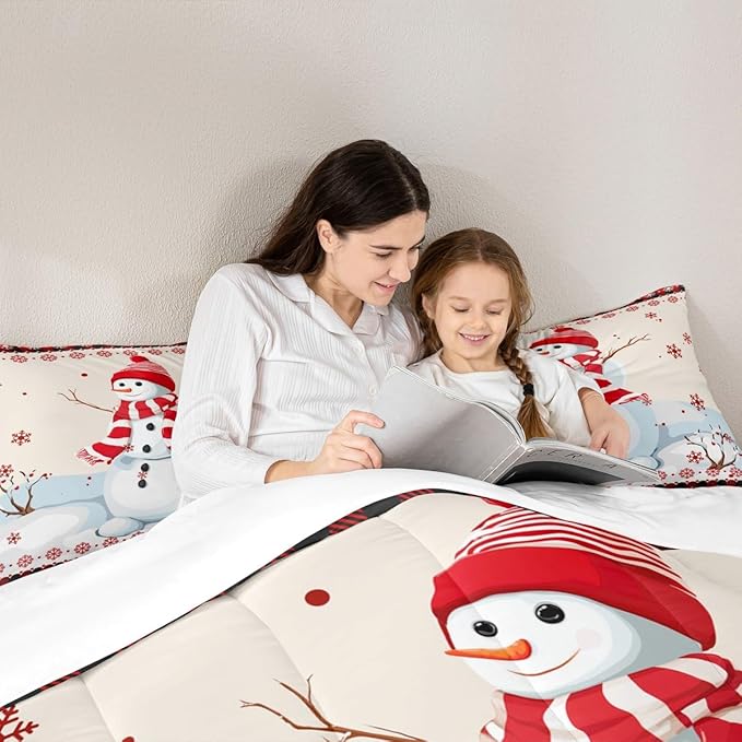 Kids Snowman Christmas Comforter Set Queen Size,Snowflake Romantic Bedding,Girls Boys Adults Bedroom/Xmas Cabin Decor,Geometric Grid Lattice Down Comforter,Rustic Farmhouse Duvet Insert,2 Pillowcases