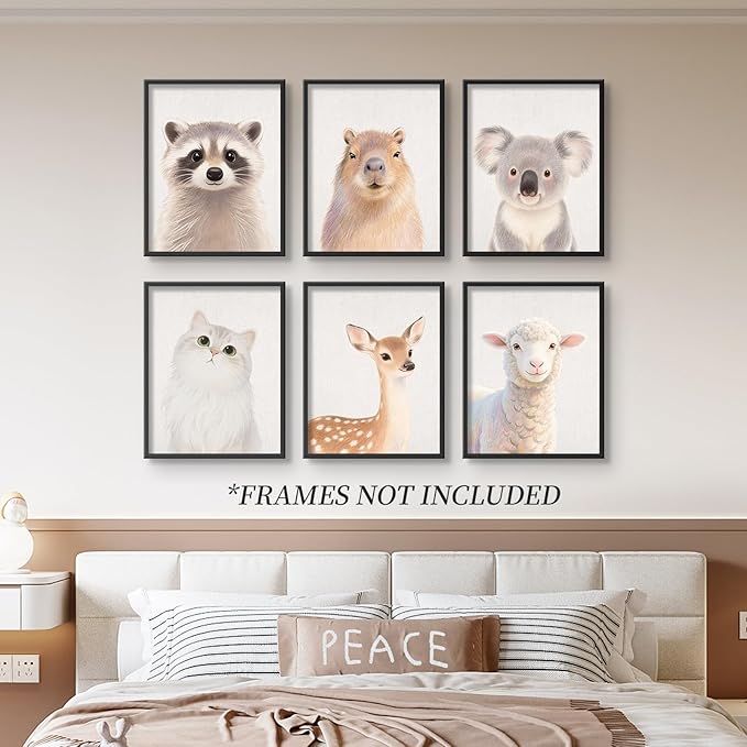 Baby Safari Nursery Wall Decor - Picture Cute Animal Wall Prints on Canvas, Under 20 Dollars Gifts for Baby Boys & Girls Room, UNFRAMED Wall Art Set of 6-8" x 10"