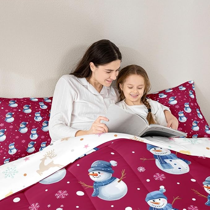 jejeloiu Kids Cute Winter Snowman Comforter Set King Size Red Christmas Theme Bedding Set for Boys Girls Teens Xmas Snowflake Happy New Year Duvet Quilt Room Decor
