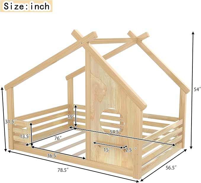 SOFTSEA Full Size Floor House Bed with Roof, Solid Wood Montessori Bed Frame with Slats and Guardrails, Kids Playhouse Floor Bed for Boys Girls, No Spring Box Needed, Natural