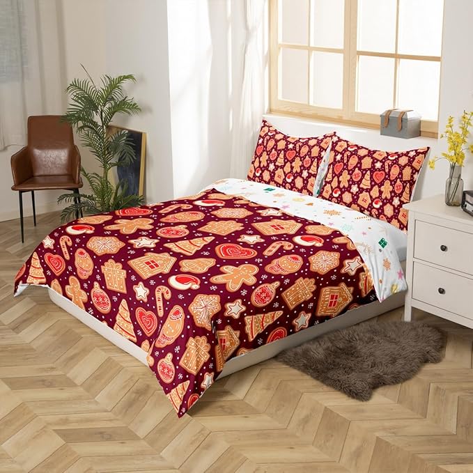 Christmas Duvet Cover Boys Christmas Gingerbread Man Bedding Set for Kids Teens Ultra Soft Snowflake New Year Comforter Cover Set Xmas Theme Bedspread Cover Room Decor Toddler Size Bedclothes Zipper