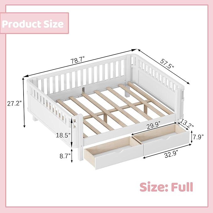 Full Kids Bed with Storage Drawers & Rails, Wood Low Montessori Beds with Detachable Side Rails & Slats, Modern Daybed for Boys Girls Bedroom, Kids Full Platform Bed, White