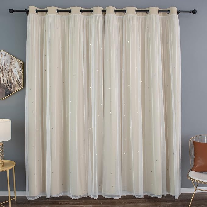 Kinryb Kids Blackout Curtains for Bedroom/Living Room/Classroom, Sheer Overlay 72 Inches 2 Panel Set, Double Layer Curtains with Star Cutout for Kids Room(W 52 x L 72 Inches,Beige 2 Pcs)