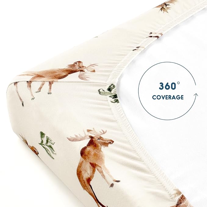 GRSSDER Stretchy Ultra Soft Jersey Knit Pack and Play Sheets 2 Pack, Portable/Mini Crib Sheets Universal Fitted for Playpen Mattress Safe and Snug, Cute Elk Animals Print